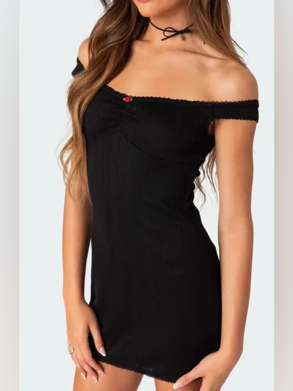 Edikted Patrice Off the Shoulder Pointelle Minidress - Little Black Dress